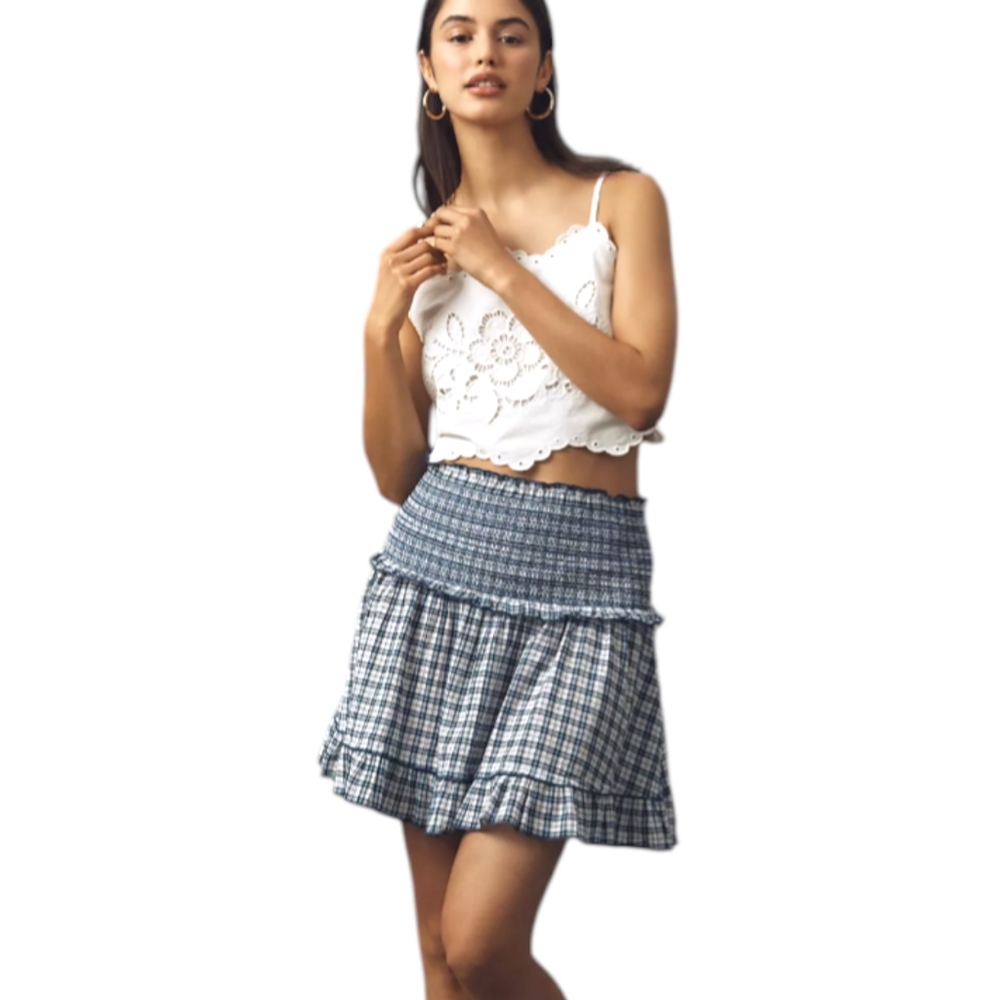 NWT Anthropologie Maeve Smocked Flounce Mini Skirt Blue Plaid | XL | Cottagecore